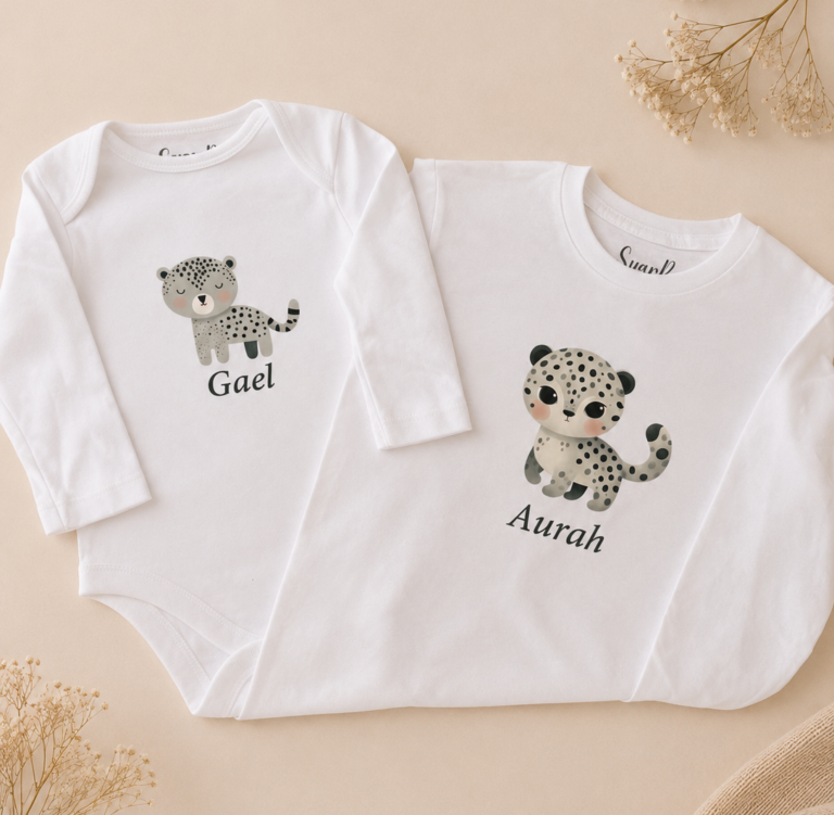 Body personalizado para bebé con nombre y diseño de leopardo junto a camiseta personalizada infantil a juego.