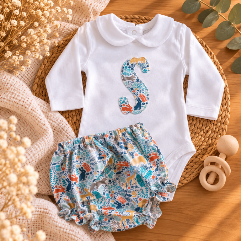Conjunto personalizado para bebé niño con body de cuello, inicial y braguita a juego