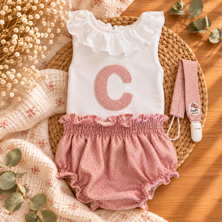 Conjunto personalizado para bebé con body de cuello e inicial, braguita y chupetero a juego