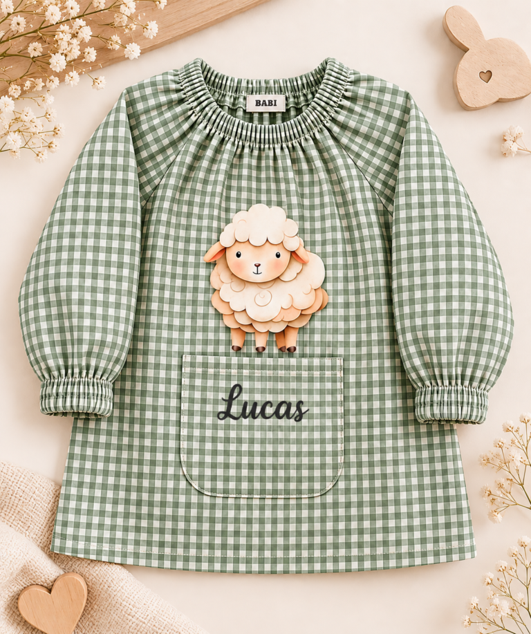 Babi infantil verde personalizado con nombre y estampado de ovejita