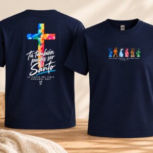 Camiseta cristiana azul marino con mensaje Tú también puedes ser santo