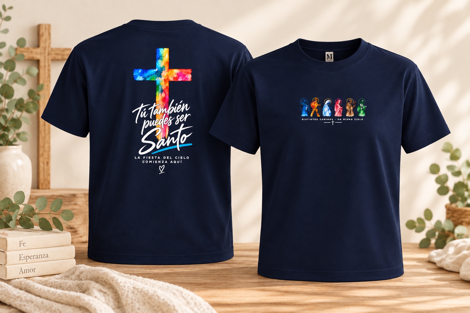 Camiseta cristiana azul marino con mensaje Tú también puedes ser santo