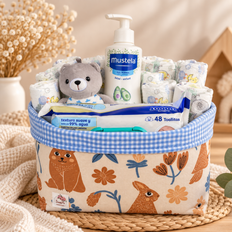 Cesta de pañales para bebé con estampado de animales, peluche y producto Mustela