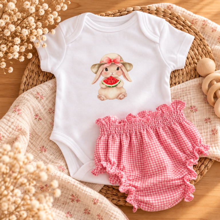 Conjunto de body personalizado y braguita para niña con conejita y vichy rosa