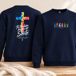 Sudadera cristiana azul marino con mensaje Tú también puedes ser santo