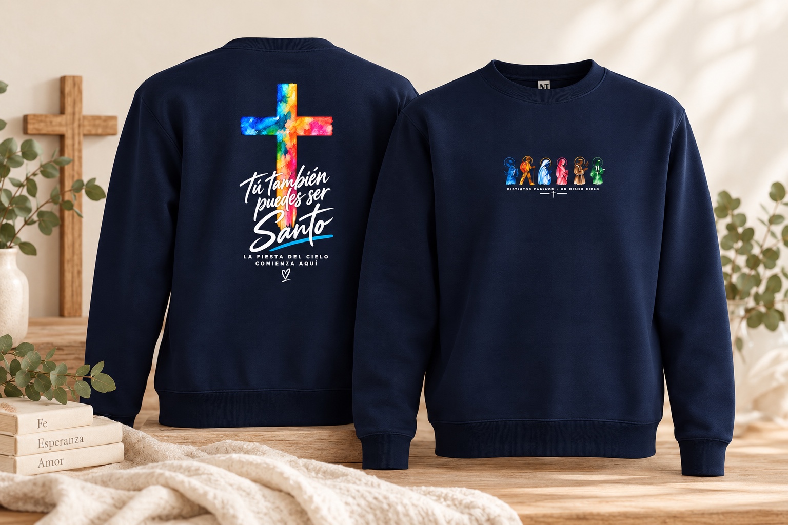 Sudadera cristiana azul marino con mensaje Tú también puedes ser santo